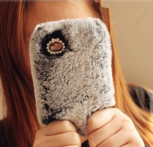 Gray Soft Rabbit Fur Iphone Case Cover For 4 4s